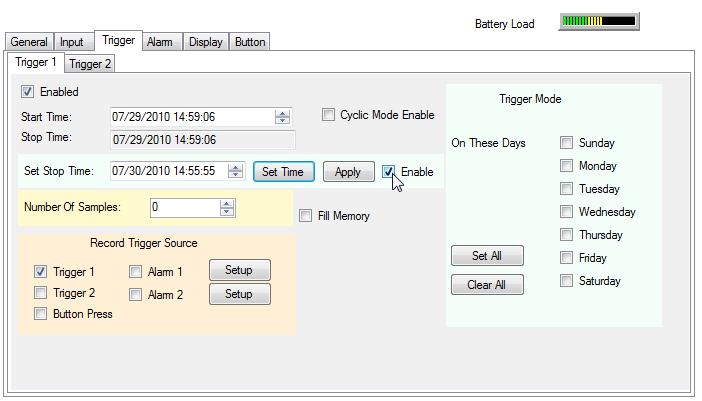 3.9.3. Trigger The Trigger tab enables the user to set up the device to record at predetermined times.