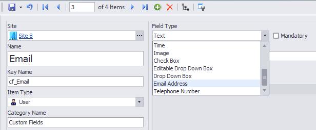 Field types Field Types allow you to define the type of data that the custom field will contain. These field types ensure that operators are capturing the data in the correct format.