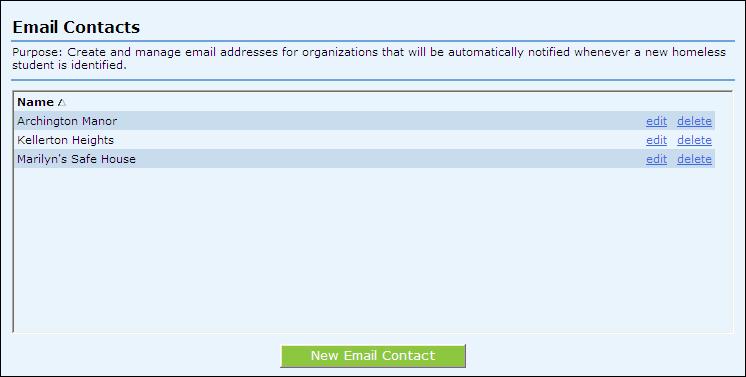 Setup: Email Contacts This section allows you to save the email contact information for people that you want to be automatically notified whenever a homeless student is identified.