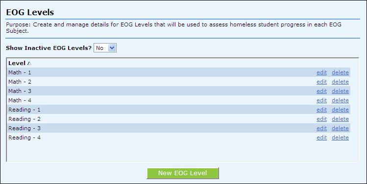Setup: EOG Levels This section allows you to enter End of Grade (EOG) levels. To add an EOG level: 4. Click New EOG Level and fill in the subject and the level. 5.