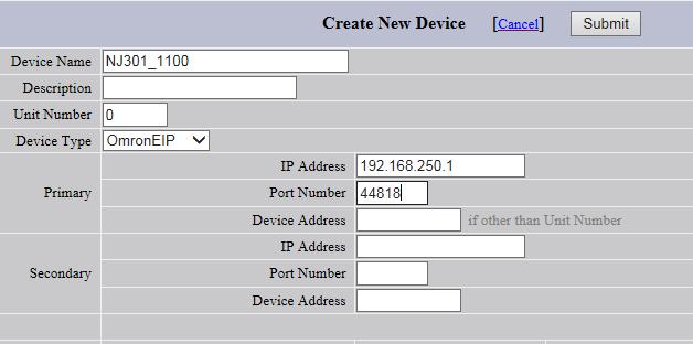 2.2 Device Setting The user needs to set the device name, unit number, device type and the IP address and port number by the Omron PLC