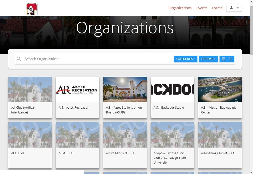 You can search for specific organizations, look up groups with key words, or browse by category.