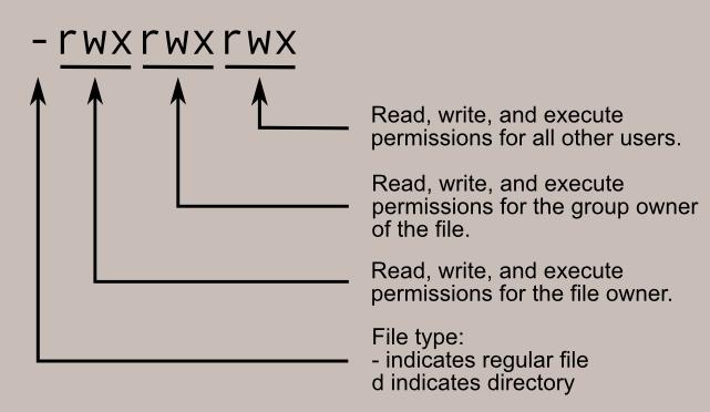File Permissions In the diagram below, we see how the first portion of the listing is interpreted.