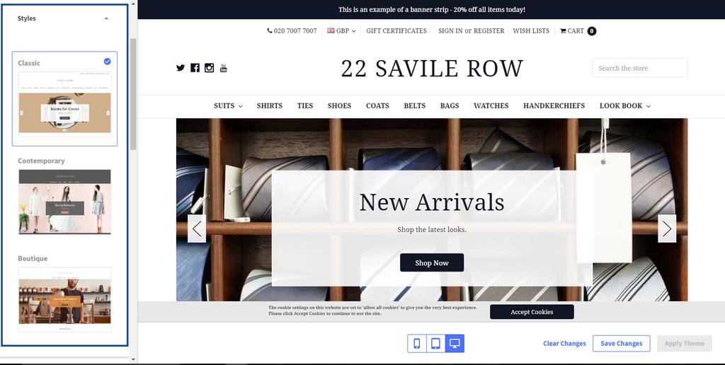 Select a theme variation Savile Row comes packaged with three theme variations that organises the style of your store.