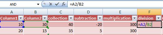 Division process in Excel