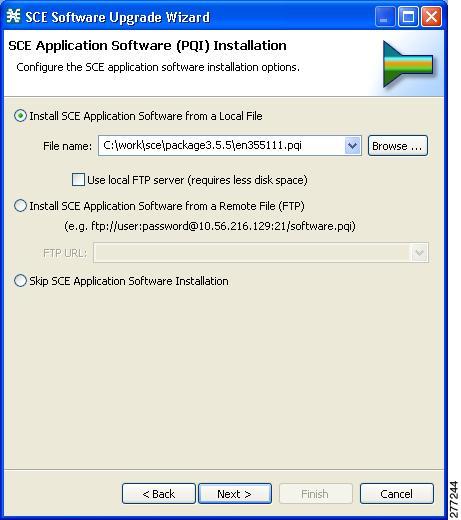 Upgrading the SCE Using the SCE Software Upgrade Wizard The SCE Application Software (PQI) Installation page of the SCE Software Upgrade wizard opens.