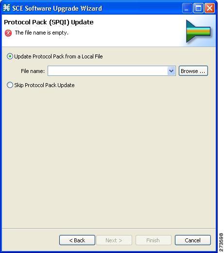 Upgrading the SCE Using the SCE Software Upgrade Wizard The Protocol Pack (SPQI) Update page of the SCE Software Upgrade wizard opens.