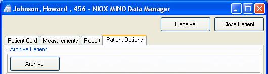 Open the Patient to be archived from the Main screen. 2. Select the Patient Options tab. 3. Click Archive. 4.