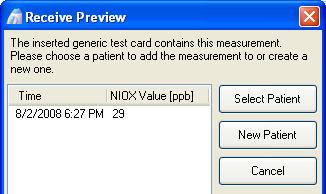 Transfer The NIOX Value from a NIOX MINO with a generic Test Card A generic NIOX MINO Test Card is not given a Name and Patient ID. A. Main screen 1. Click Receive.