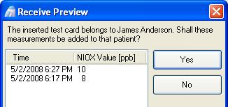 Transfer NIOX Values from a NIOX MINO with a configured Test Card A configured NIOX MINO Test Card is given a Name and Patient ID. See page 9 on how to configure a Test Card.