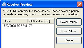 Click Yes in the Receive Preview screen to add the NIOX Values to the Patient. Note! NIOX Values from a configured Test Card can only be transferred to the set Patient Card.