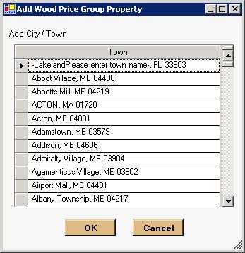 Next, the Add Wood Price Group Property info window will appear: Next, select the appropriate city/town to add and left click on the