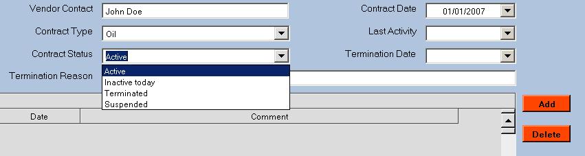 Next, (if need to be changed) select the appropriate Contract Status by left clicking on the icon. NOTE: MERAC automatically assumes that the newly added contract is active.