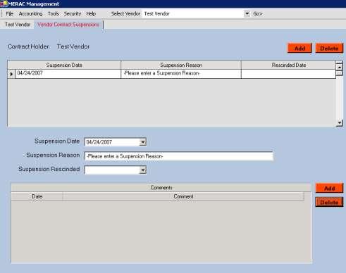 Next, the user has the ability to add, edit, or delete suspension for contract holder.
