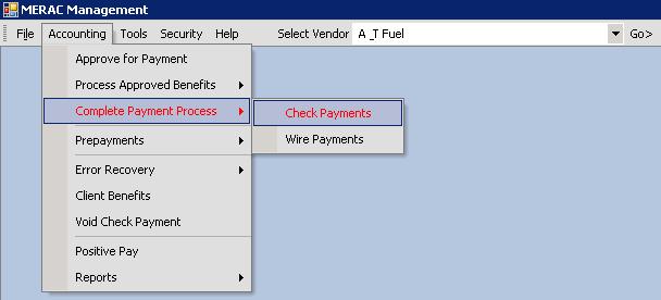 This process has two steps: 1) Complete Payment Process for Check Payments 2) Complete Payment Process for Wire Payments Check Payments Next, go to MERAC the Accounting menu, Complete Payment Process