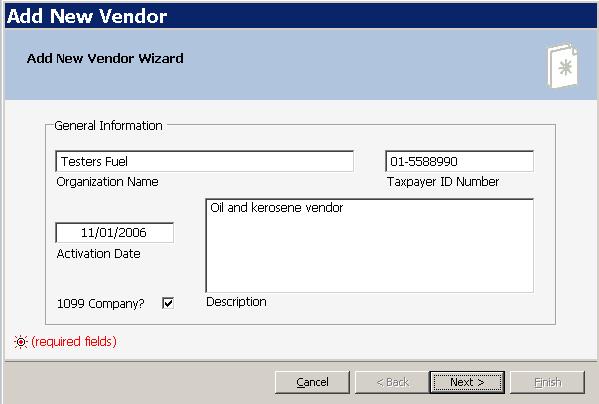 Left click into the appropriate text boxes and input the relevant information for the new vendor.
