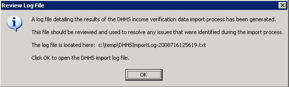 Next, MERAC will begin to import the DHHS income verification records. Once the process has finished, click on the button to continue.