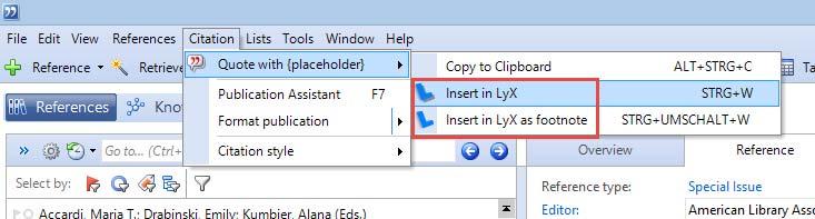 You can insert citations from within Citavi by clicking Citation > Quote with