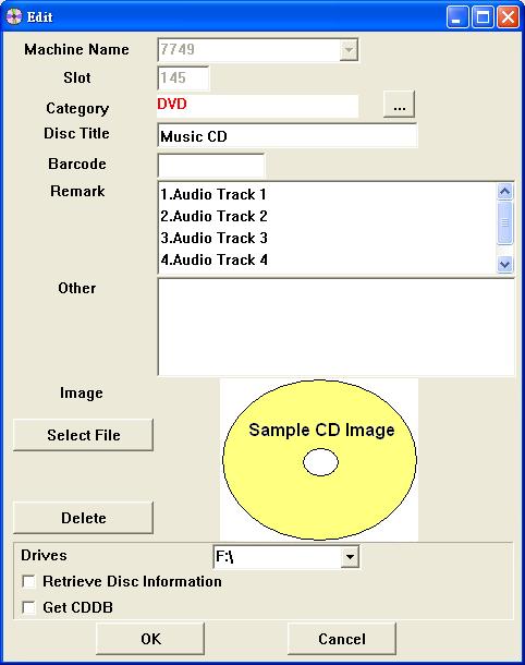Edit: Edit the disc title information. For example, the user can delete and add another Image for a disc (as seen in FIGURE 16. ). FIGURE 16. Edit screen Status Line The Status Line as seen in FIGURE 12.