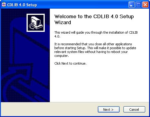 The Welcome to the CDLIB 4.0 Setup Wizard screen displays. FIGURE 4. CDLIB 4.0 Setup Wizard screen 3.