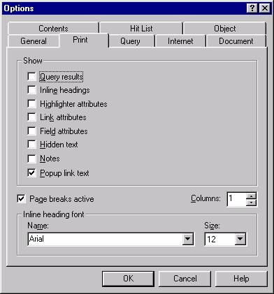 Printing and Reusing Content 10-13 Figure 10-6 Print tab in the Options dialog box 3 In the Show area, indicate whether you want to hide or show the following in printed material, inserting a
