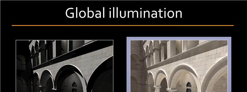 Direct illumination,shown on the left, only considers light arriving at surfaces directly form the