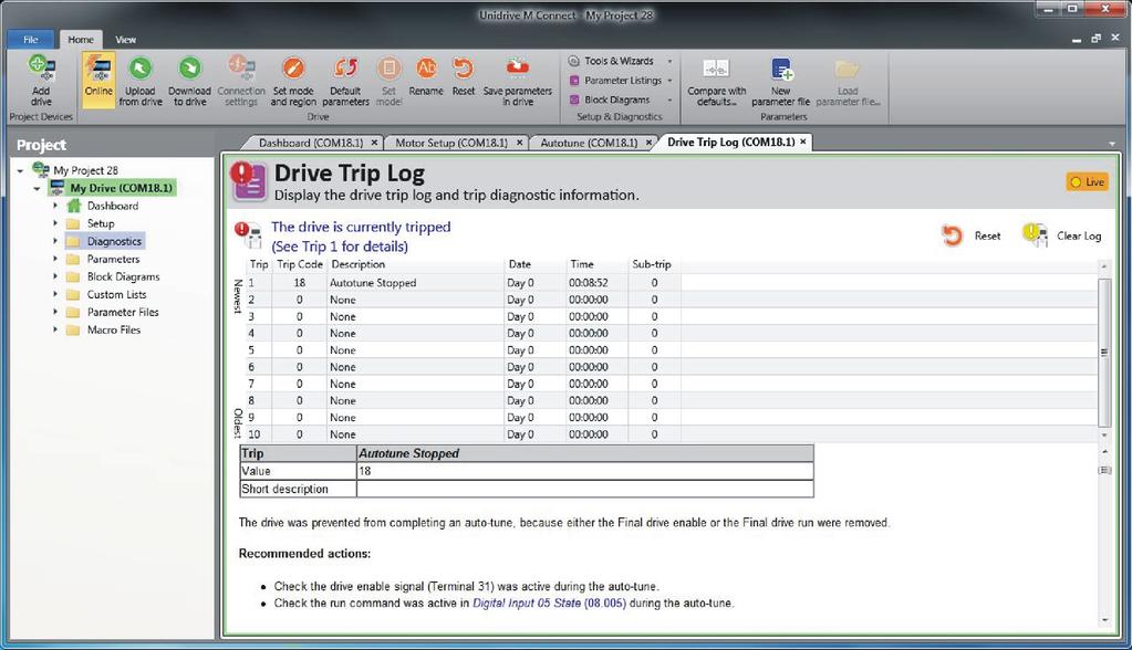 The drive trip log shows the trip responsible for stopping the autotune