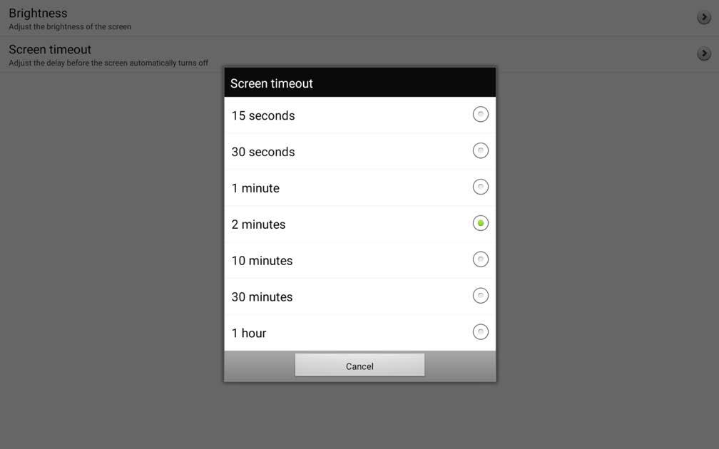 Settings Screen - Screen Timeout Button Figure 6: