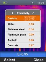 Use the keys or to select the emissivity values of materials found in the integrated table and press the key Select to confirm your choice. 4.