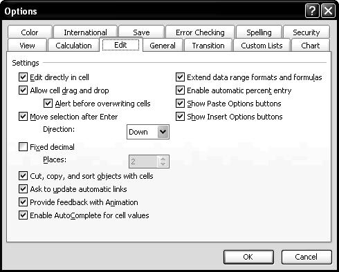 38 Microsoft Excel 2003 - Intermediate Edit Options The Edit tab on the Options dialog box provides options for entering and editing text. 1. On the Tools menu, choose Options. 2. Click the Edit tab.