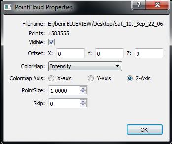 Chapter 3 Point Cloud Properties 1. To change the settings used to display your point cloud, double click on its name in the Point Clouds window. This will bring up the Properties window: 2.