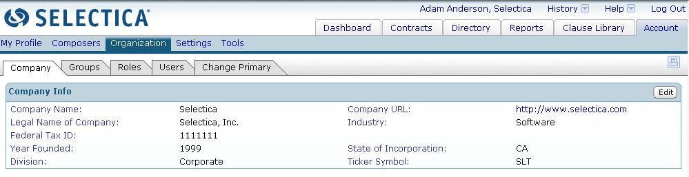Company Information Follow the tab path: Account Organization, the Organization module pages appear with the Company page open by default.