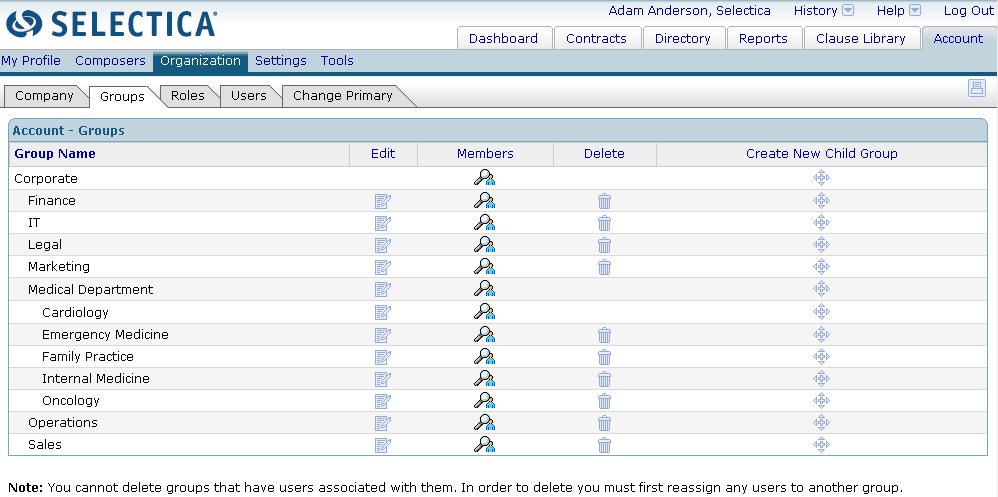 Working with Groups Use the Groups page to create, modify, or delete SCPM groups. Follow the tab path Account Organization Groups. The Account Groups summary page appears. Figure 4.