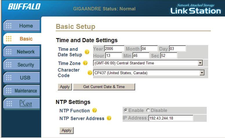 Basic Settings - Time and Date Time Setup: The LinkStation time must be set correctly to maintain logs and to schedule backups.