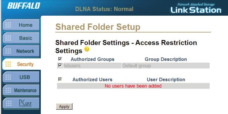 Security - Shared Folder Settings Enabling Access Restriction on the previous page will give you this screen, where you can restrict access to your new shared folder to specific users and/or groups.