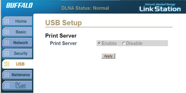 USB Settings - Print Server Print Server: The Print Server function turns printer sharing on or off. The Print Server function must be set to Enable if a printer is to be shared.