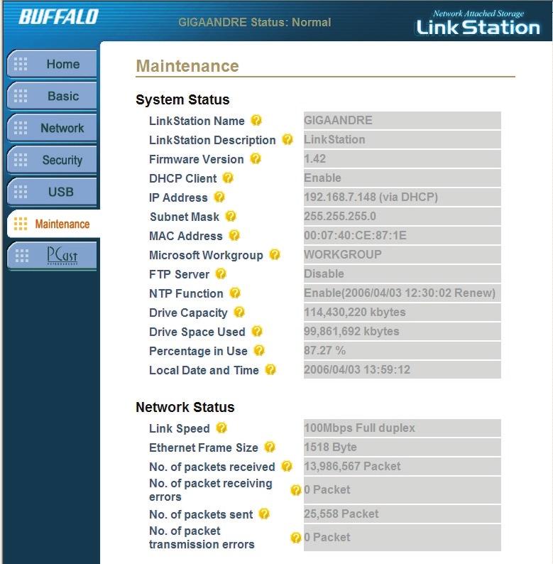 Maintenance Settings - System Status The System Status page lists configuration information about