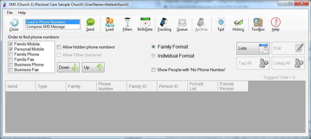 Using SMS from Pastoral Care Shown below is the SMS main screen, this is