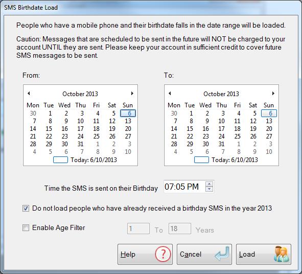 BIRTHDATE Press this button to load the Birthdate Screen. From here you can schedule Pastoral Care to send out a text message to all people having a birthdate within a selected date range.