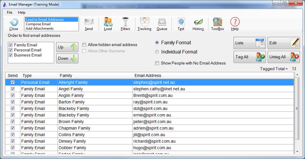 Sending emails to groups of people Shown below is the main screen for the Email Manager.