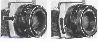 On lenses with automatic pressure diaphragm (ADP) the aperture remains fully open, and only when the shutter is released it will close to the set value.