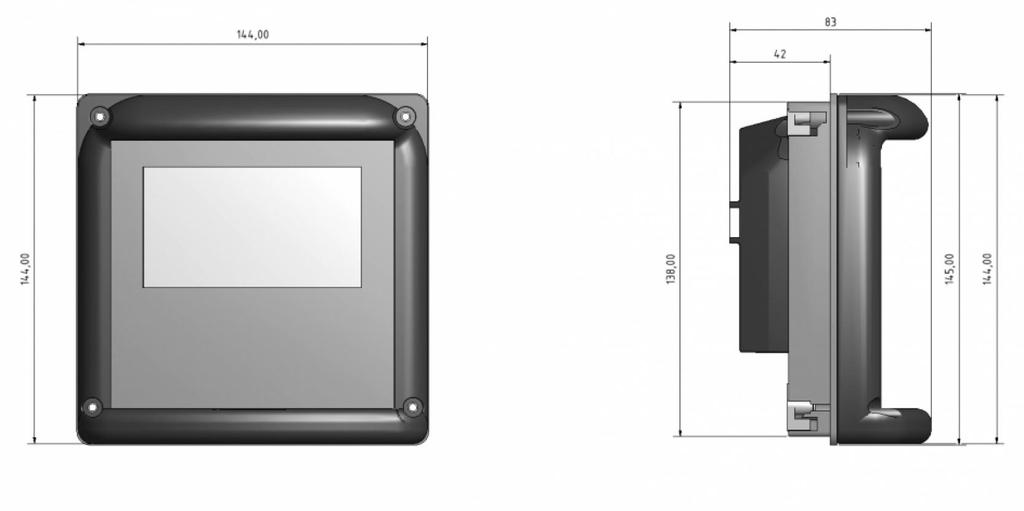 Design configuration Material Dimensions Mounting dimension Weight Connection ABS Panel mounted housing: 138x138x83 mm; Wall mounted housing: 144x144x156 mm Panel mounted housing: 138x138x42 mm 0.