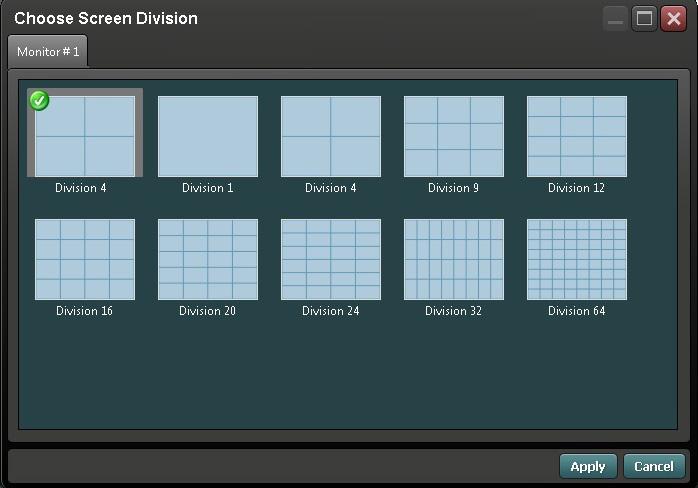 2.5 Choose Screen Division The Choose Screen Division window displays all views created that are available to the active