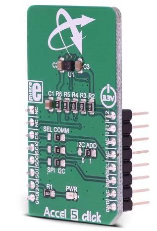 This Click board allows linear motion and gravitational force measurements in ranges of ±2 g, ±4 g, ±8, and ±16 g in three