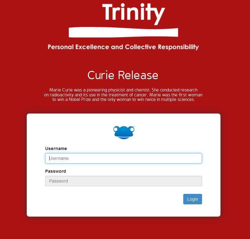 trinitynewbury.org) and click on the Frog icon in the top right-hand corner. Clicking this icon will open the login screen. Enter your username and password into the box provided.