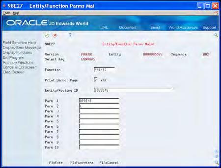 Assign Routing Functions to Select Keys The function parameters display on Entity/Function Parms Maintenance. 6.