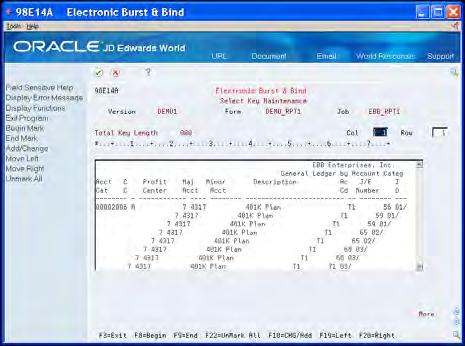 Set Up Burst Areas Using Spool Files The Select Key Maintenance screen displays the first page of the spool file. 5.