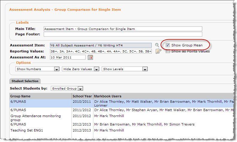 When on the Assessment Analysis Group Comparison for Single Item criteria screen ticking the box for the new option of Show Group Mean will provide an additional column entitled MEAN