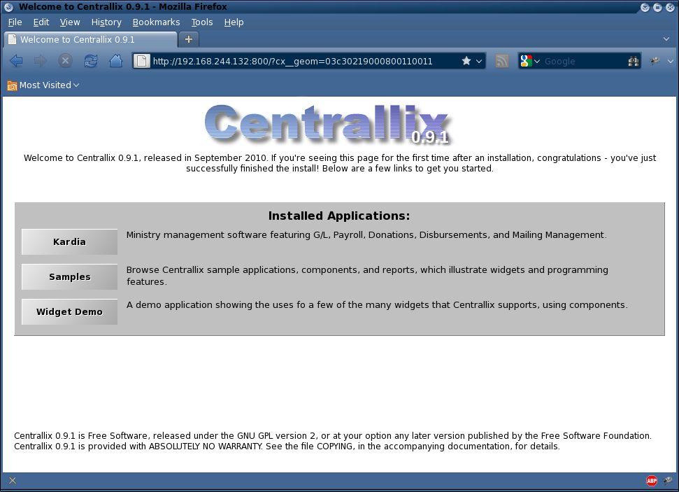 Connecting to Centrallix and Kardia... At this point, just start Firefox and enter the URL shown in the dialog box above.
