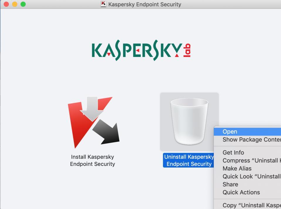 E. Uninstall Kaspersky Endpoint Security for Mac To uninstall the software, it requires the software installation package. If you have not download the package. please refer to part A. 1.
